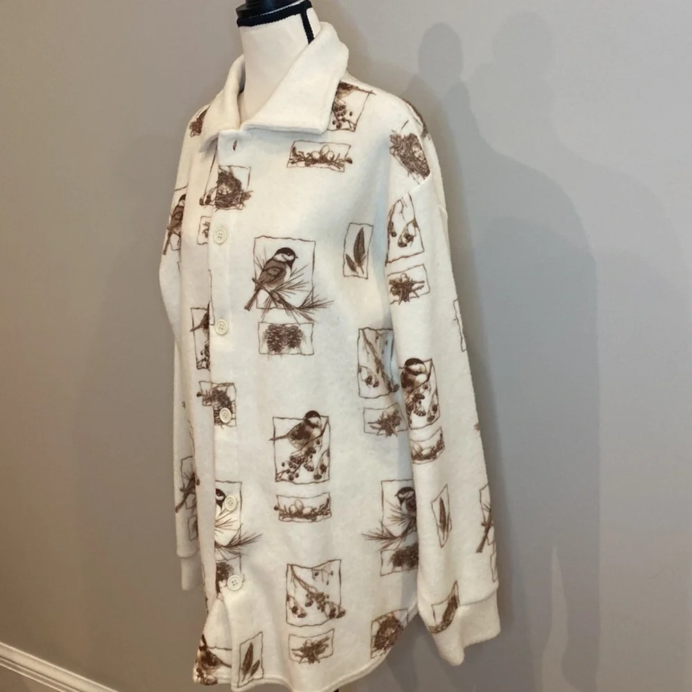 NWT Vintage womens L fleece shacket graphic button front bird nest made in USA - Picture 3 of 9